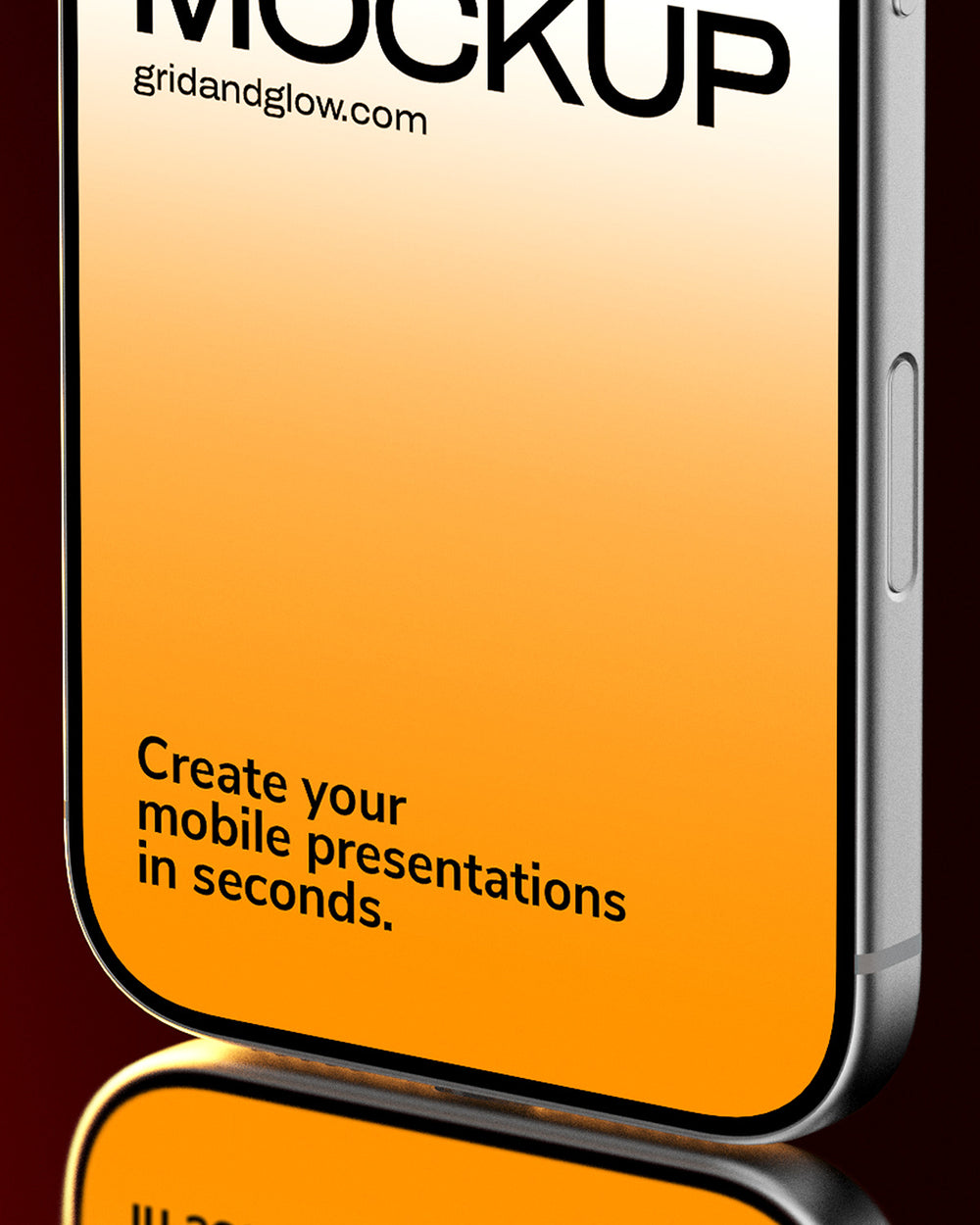 iPhone 17 Pro mockup on reflective surface with orange gradient background Macro