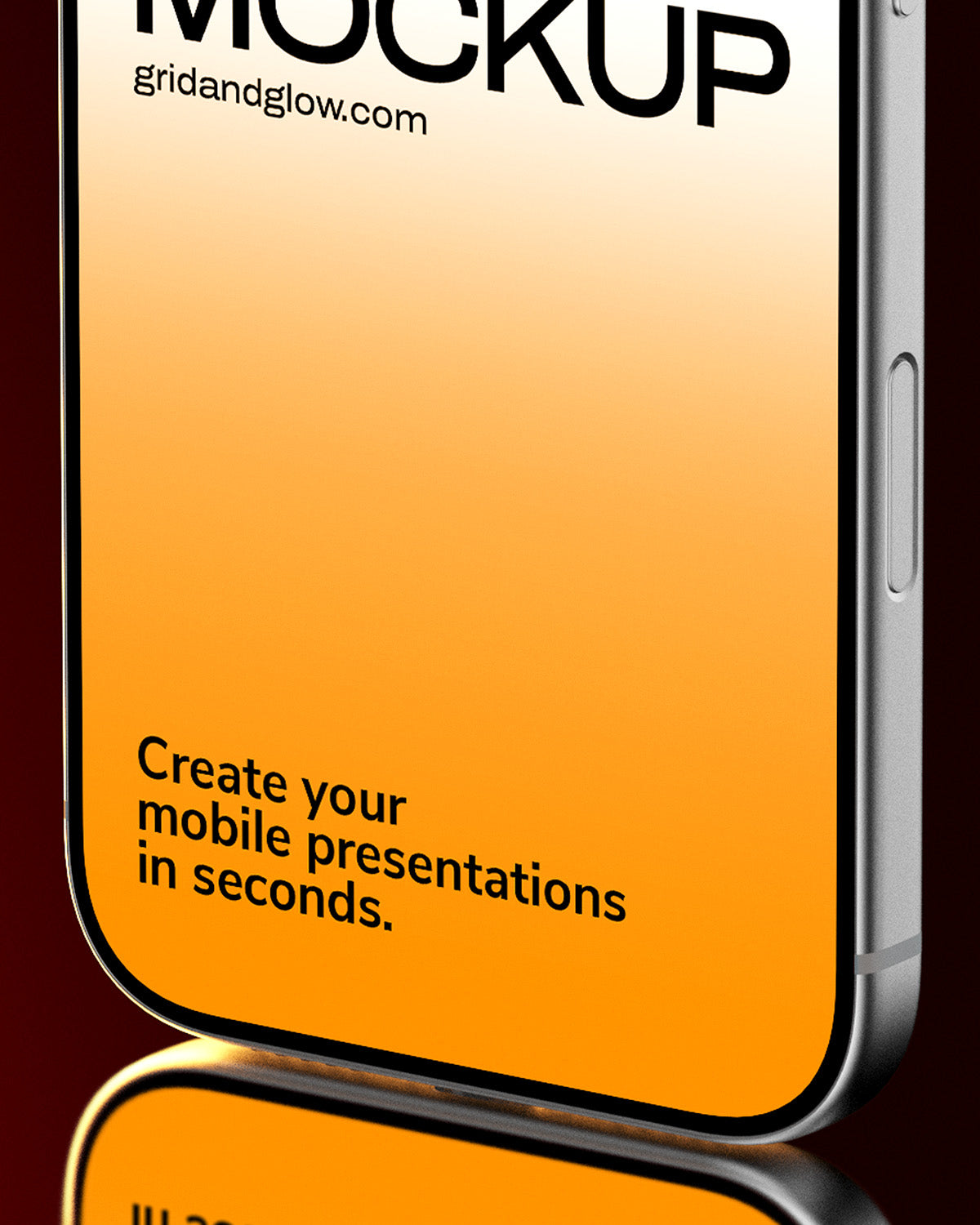 iPhone 17 Pro mockup on reflective surface with orange gradient background Macro