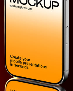 iPhone 17 Pro mockup on reflective surface with orange gradient background Macro