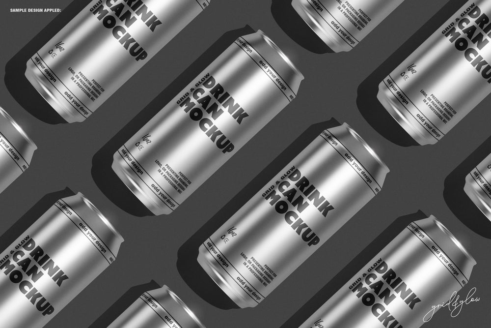 Pattern of 16oz drink cans laid diagonally across the frame in a seamless mockup composition.