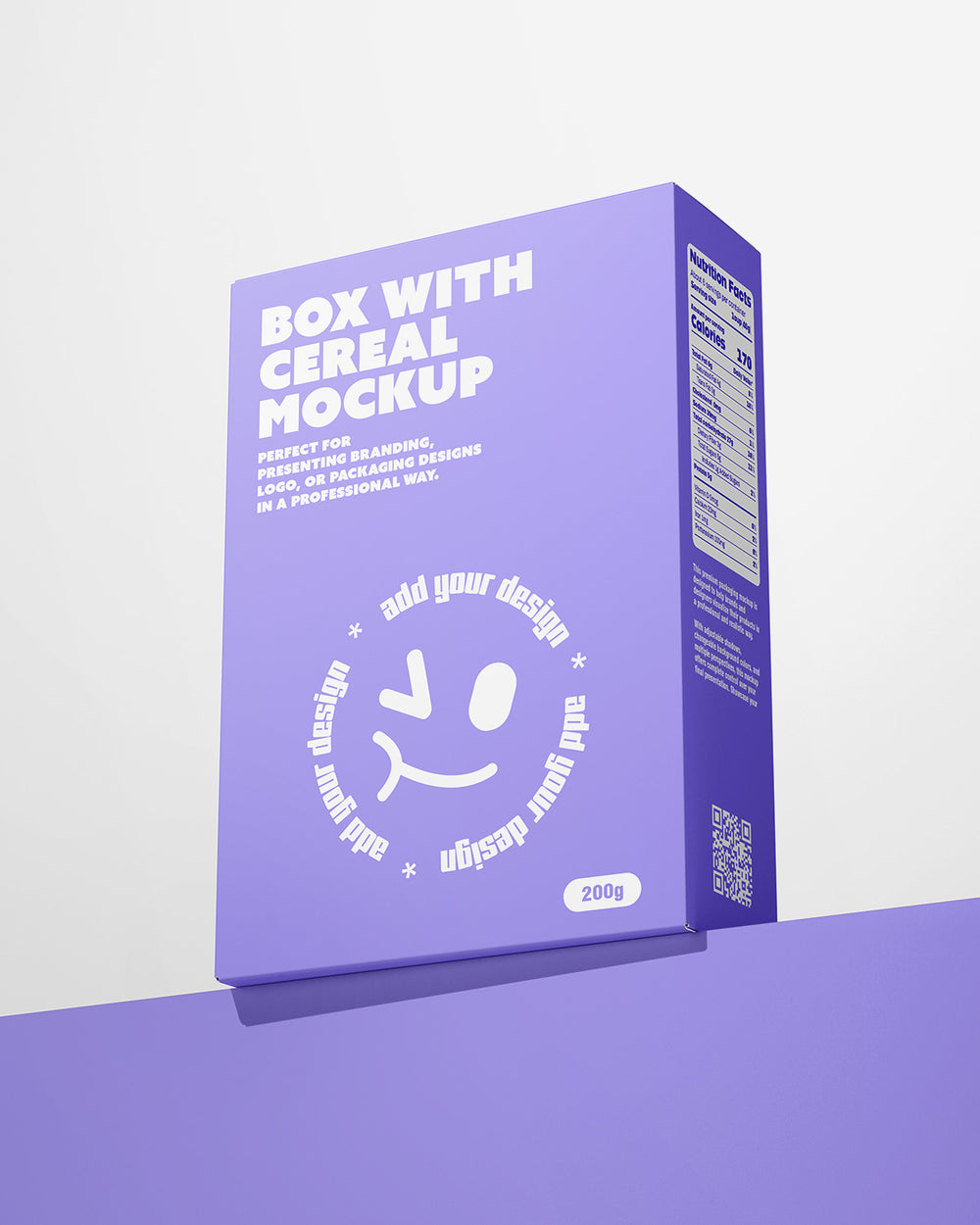 Purple cereal box mockup with branding area on a light purple background