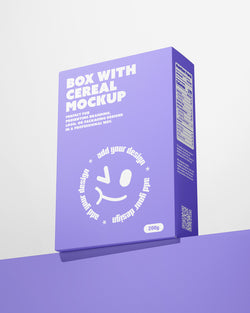 Purple cereal box mockup with branding area on a light purple background