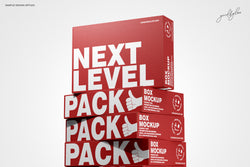 Red packaging boxes with 'Next Level Pack' text on a white background