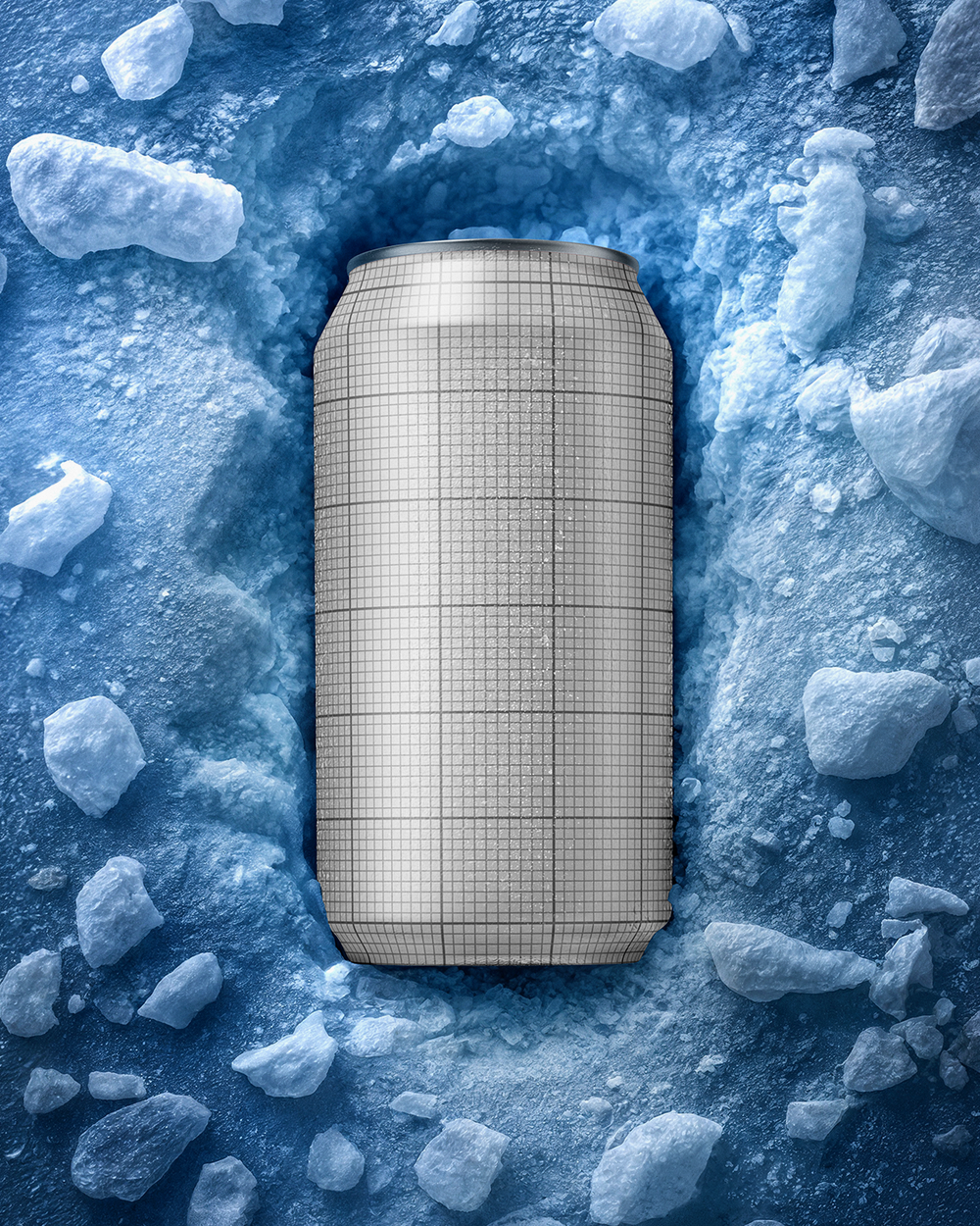 Grid-lined can on a bed of ice cubes