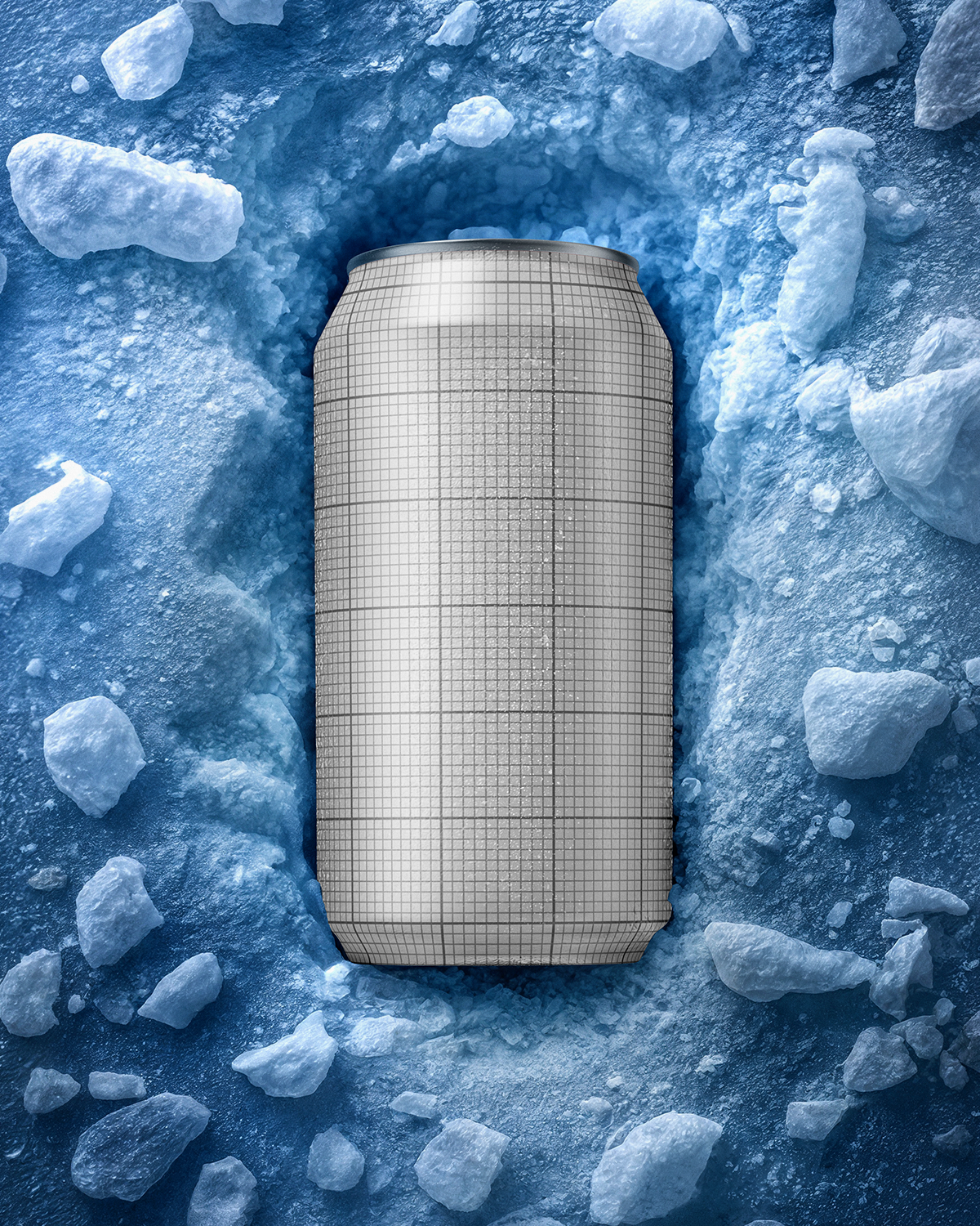 Grid-lined can on a bed of ice cubes