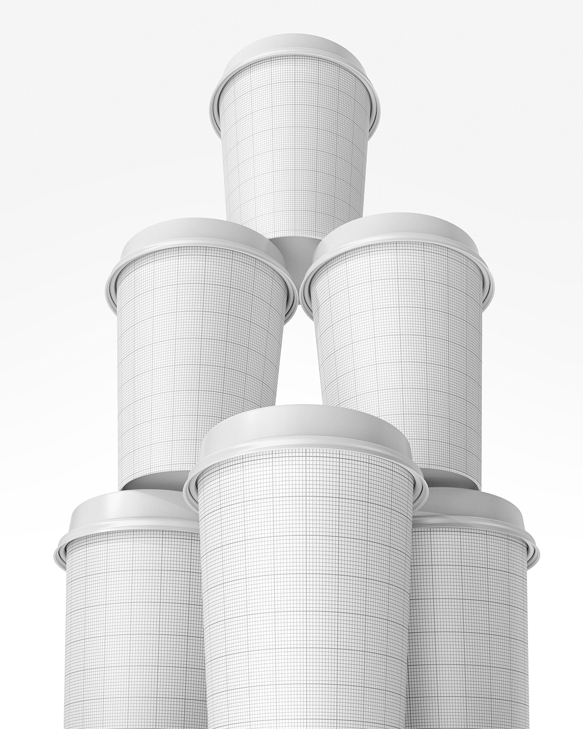 Coffee cup mockup stacked in pyramid formation showing multiple angles of customizable design grid