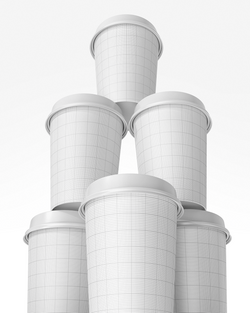 Coffee cup mockup stacked in pyramid formation showing multiple angles of customizable design grid