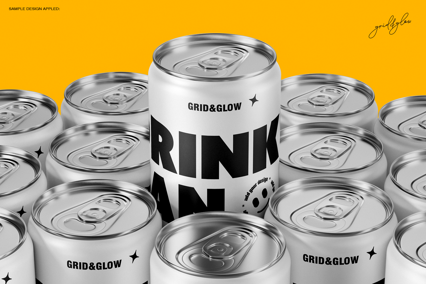 Drink can mockup set 12oz 355ml with multiple cans in silver on orange background