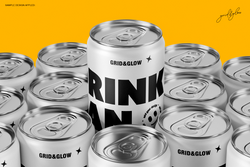 Drink can mockup set 12oz 355ml with multiple cans in silver on orange background