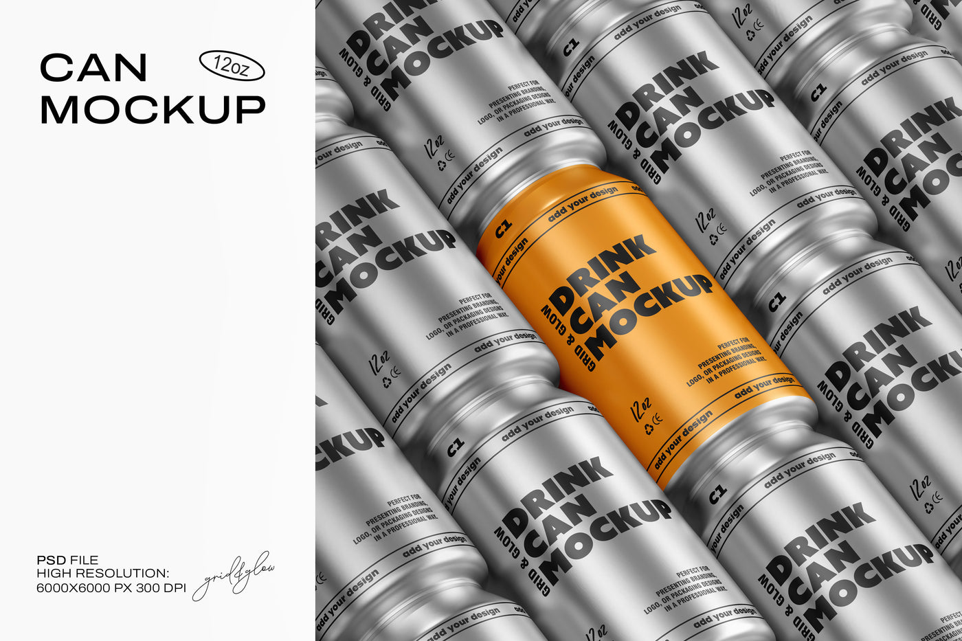 12oz Drink Can Mockup – Aluminum Can PSD Template for Branding and Packaging – High-Resolution Scene by Grid & Glow