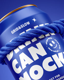 Drink can mockup 12oz 355ml in blue hanging on rope with tilted angle macro