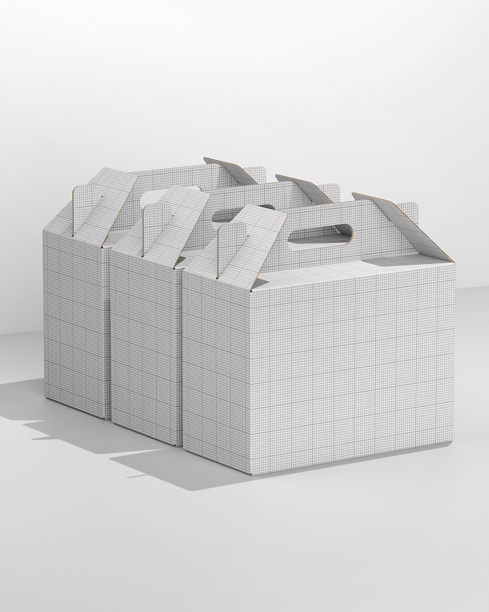 Box with Handle Mockup - Triple Scene is a premium PSD template Grid-patterned on a white background