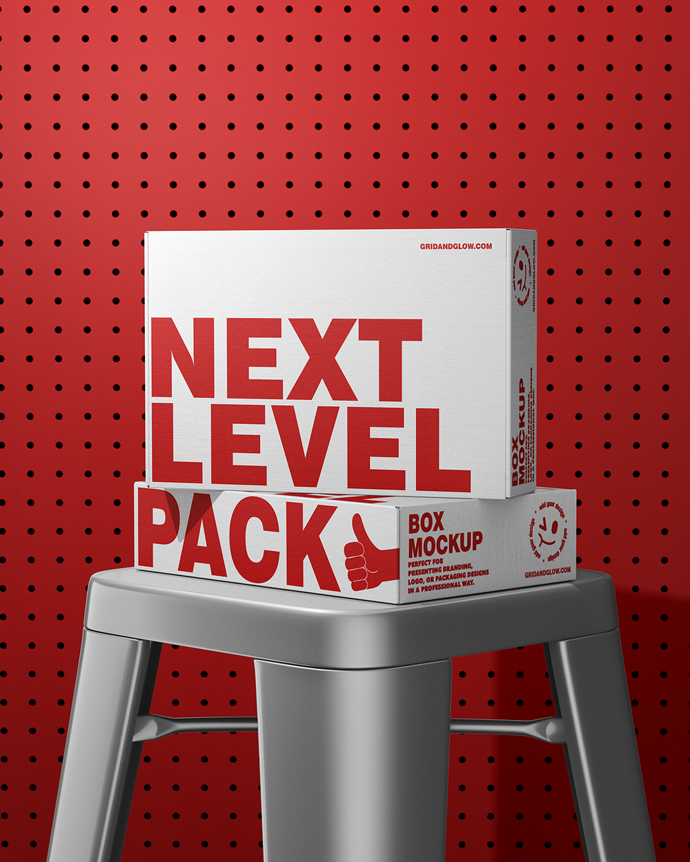 Boxes mockup on a silver stool against a red pegboard background