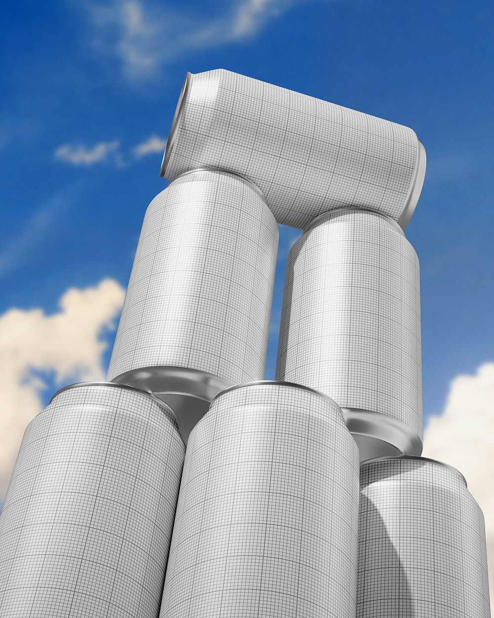 3D model of cylindrical structures against a blue sky with clouds Mockup