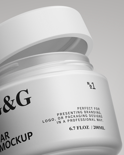 White jar with black text on a gray background