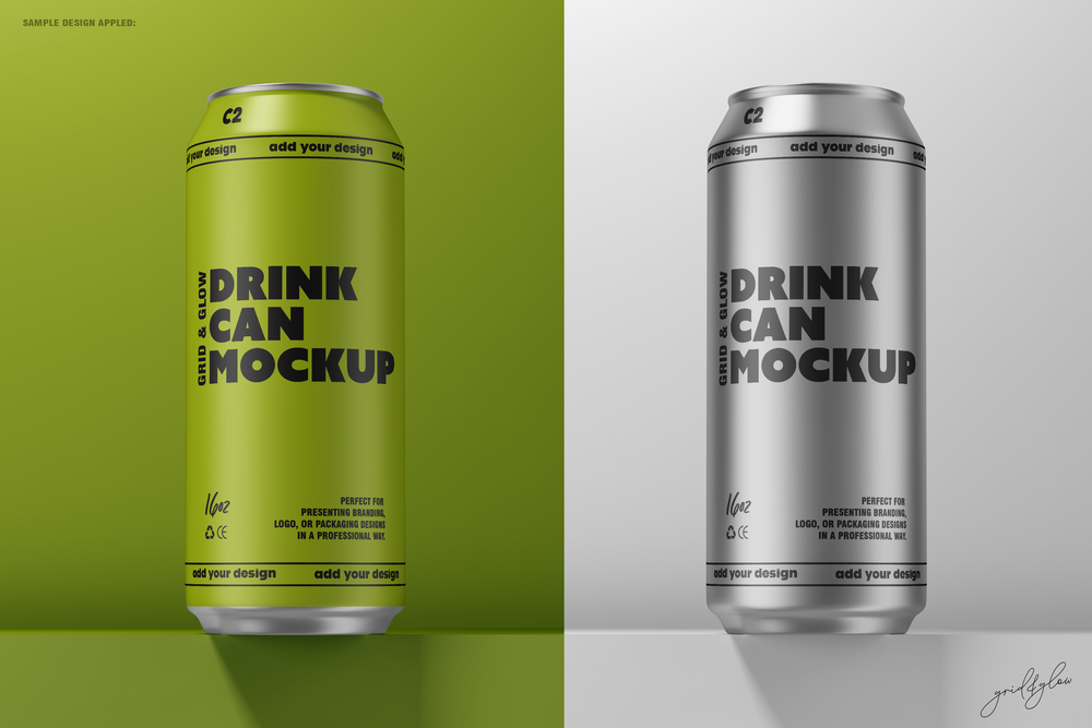 Drink Can Mockup – Side-by-Side Lime and Silver 16oz Cans on Split Background