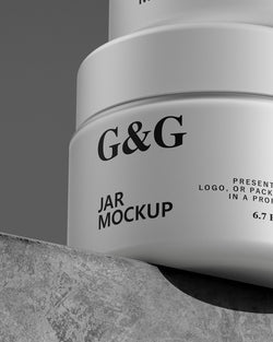 Jar mockup with 'G&G' branding on a gray background