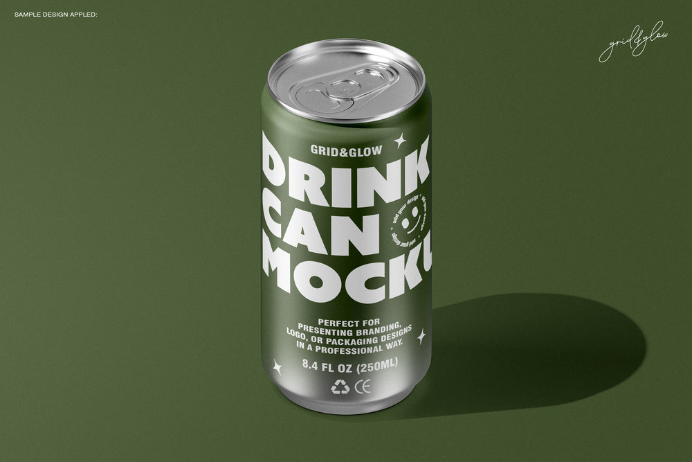 Top View of 8.4oz Drink Can Mockup – 250ml PSD Template for Branding and Packaging – Realistic Metal Lid and Minimalist Green Background by Grid & Glow