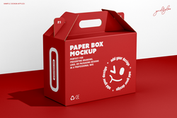 Box with handle mockup showing gable top design with die-cut carry handles on red background half side view