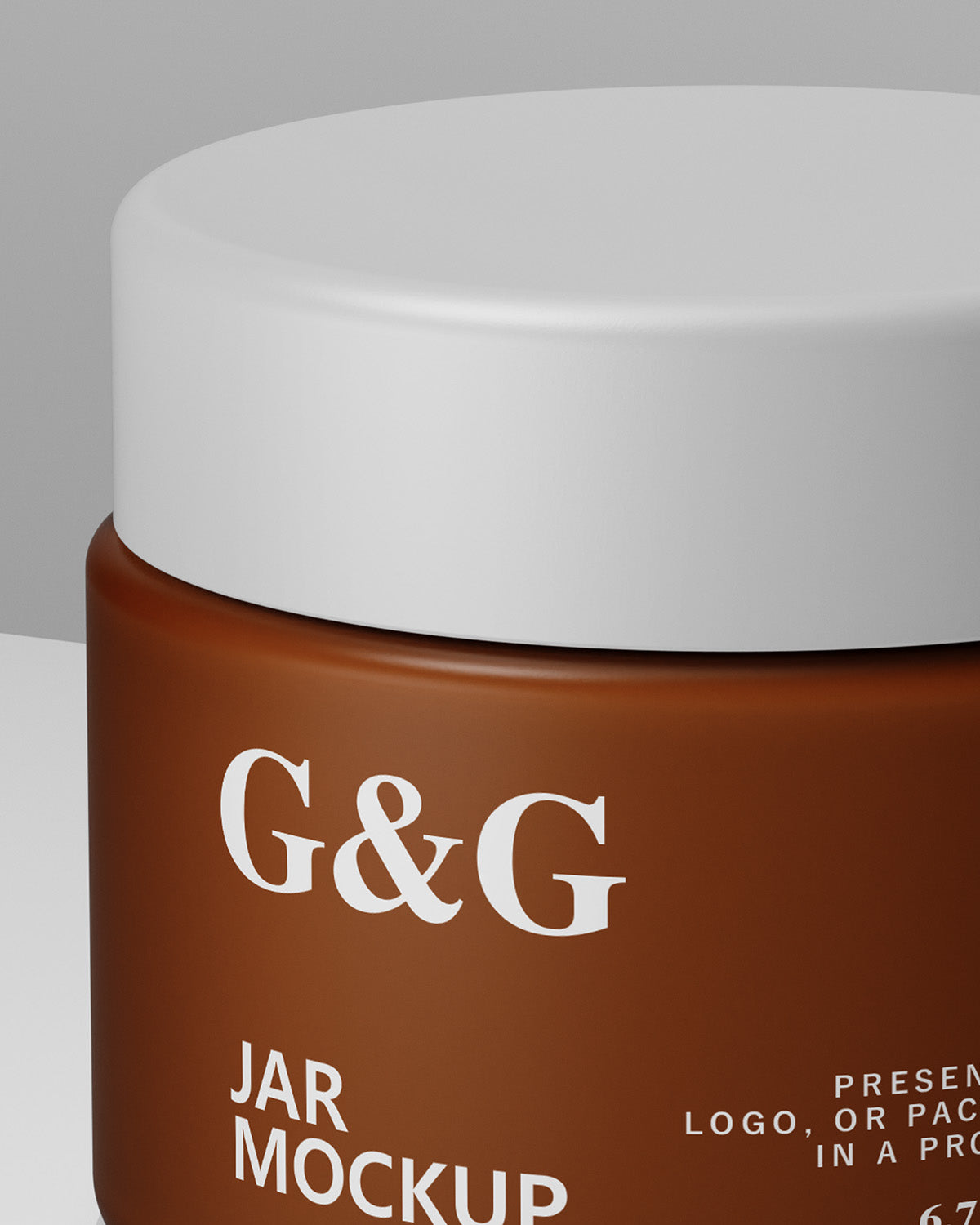 Brown jar mockup with white lid labeled 'G&G' on a gray background
