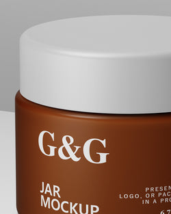 Brown jar mockup with white lid labeled 'G&G' on a gray background