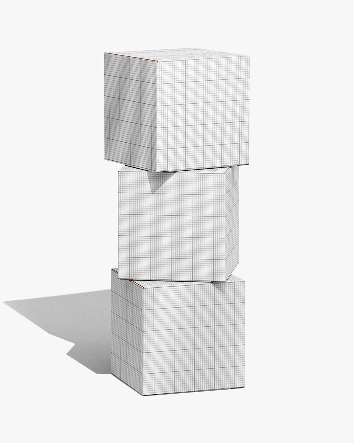 Paper box mockup with three stacked boxes in white and blue on blue background Grid