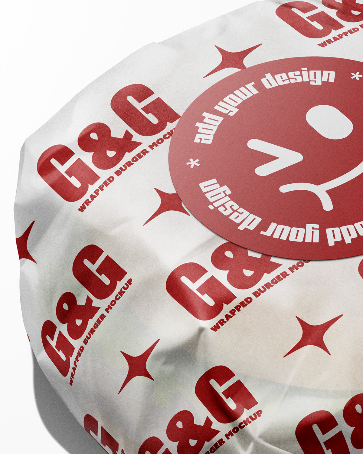 Wrapped Burger Mockup with red text and design elements on a white background