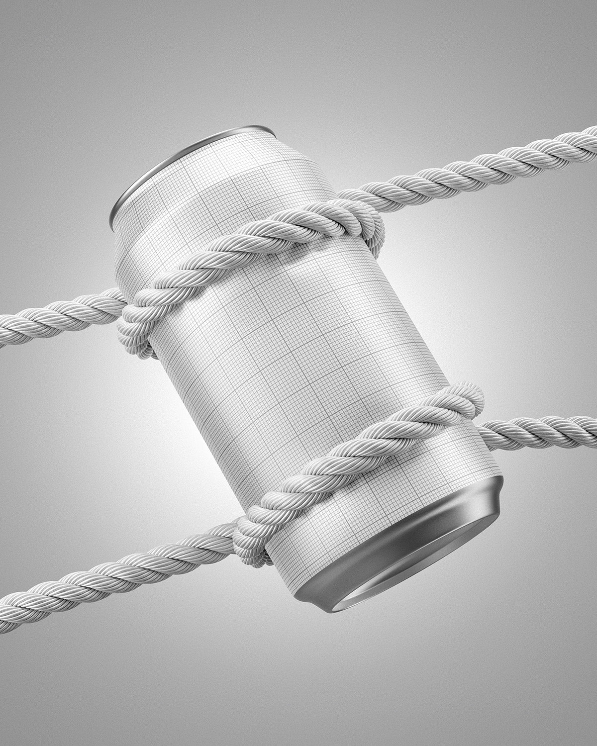 Drink can mockup 12oz 355ml hanging on rope with tilted angle grid scene