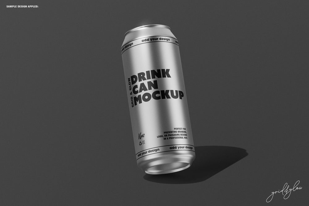 Tilted 16oz can mockup casting a soft shadow, displayed on a textured dark background.