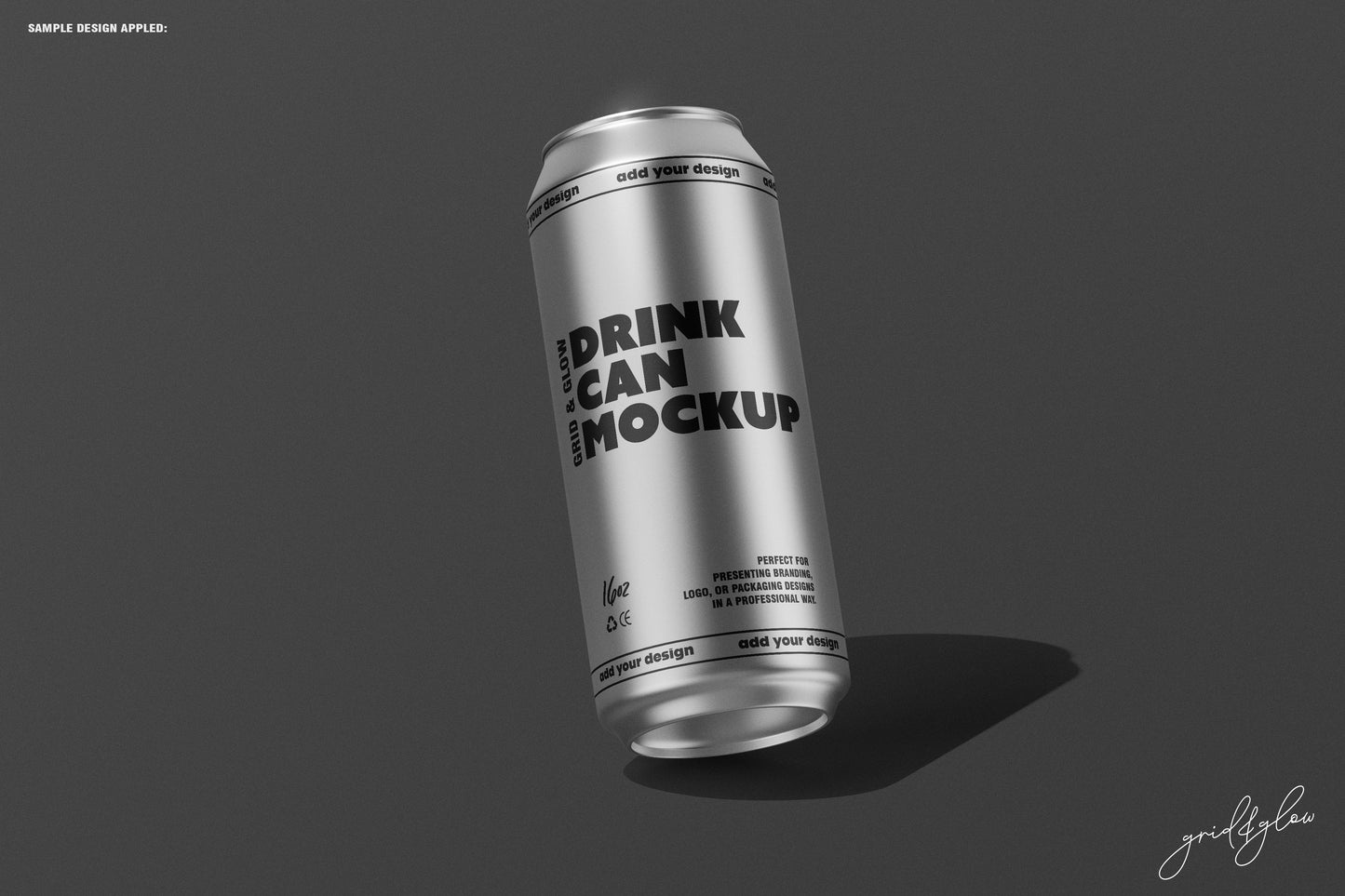 Tilted 16oz can mockup casting a soft shadow, displayed on a textured dark background.