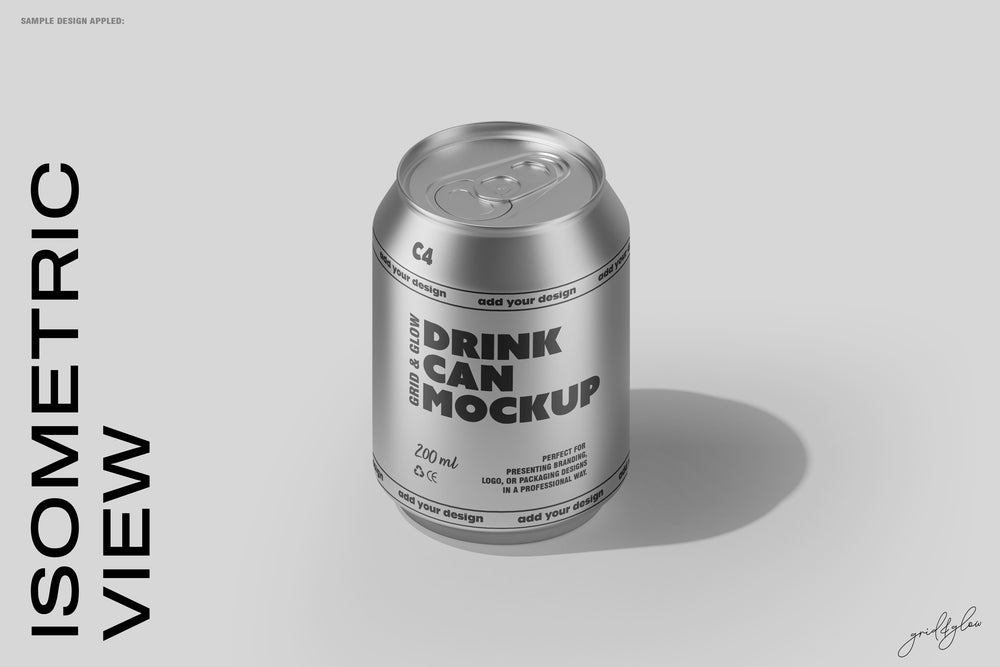 Drink Can Mockup – Isometric View of Silver Can on Gray Background