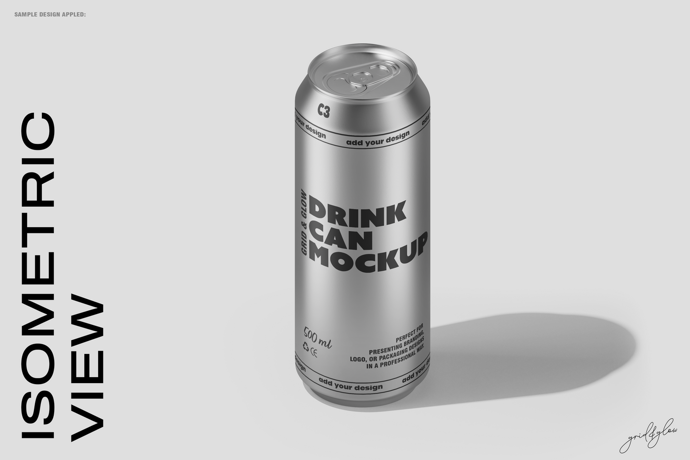 Drink Can Mockup – Isometric View of Silver Can on Light Background