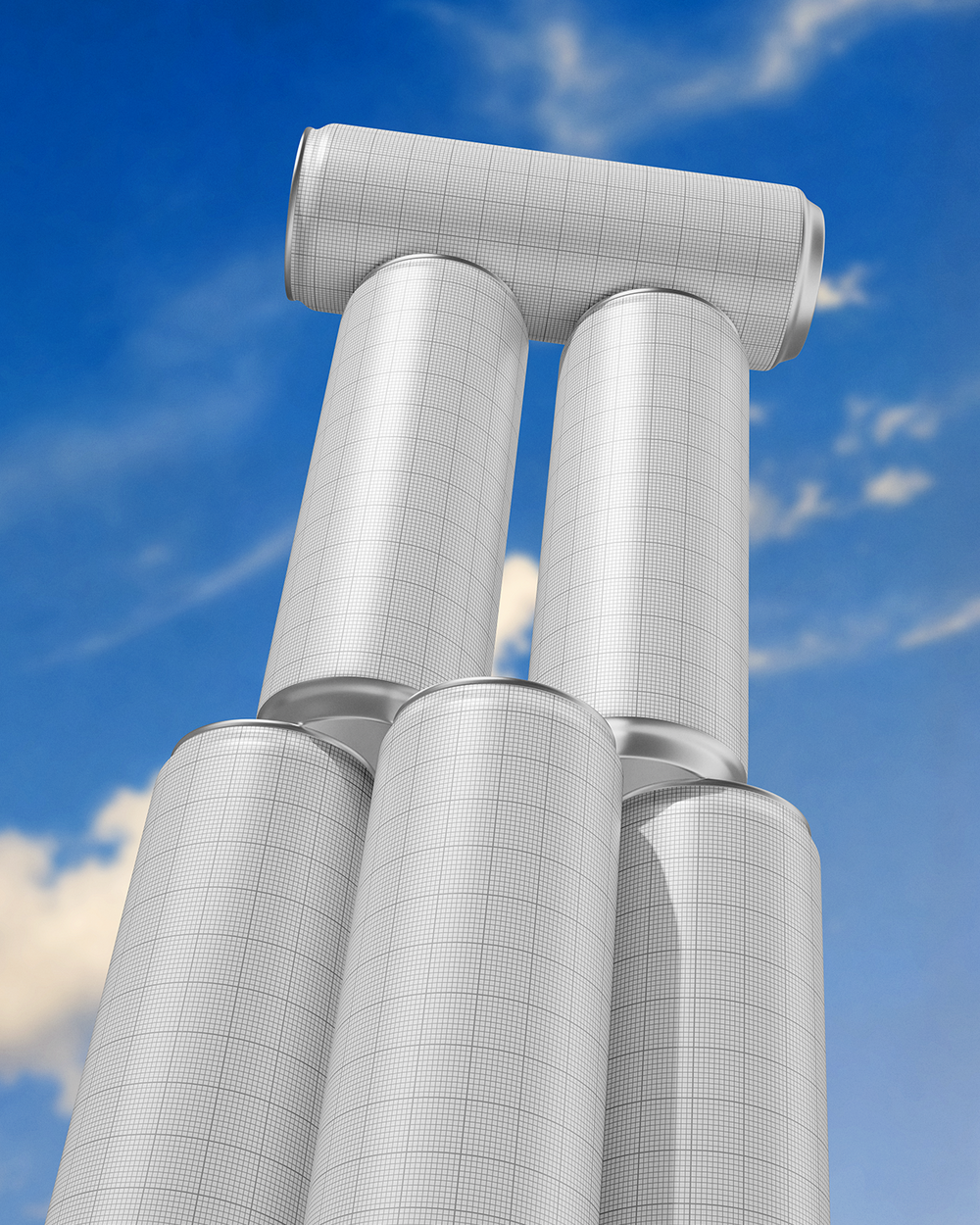 Drink Can Mockup – Tower Scene featuring three stacked drink cans against a blue sky background.