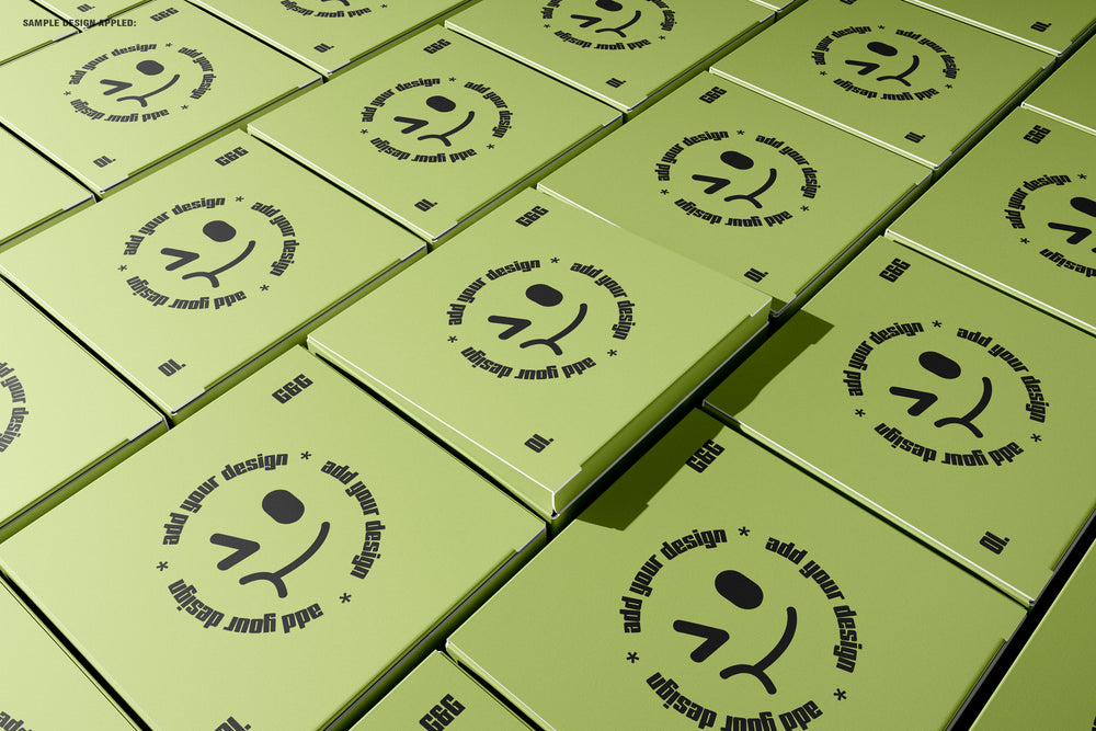 Patterned flat layout of square box mockups with top designs facing upward in a seamless presentation.