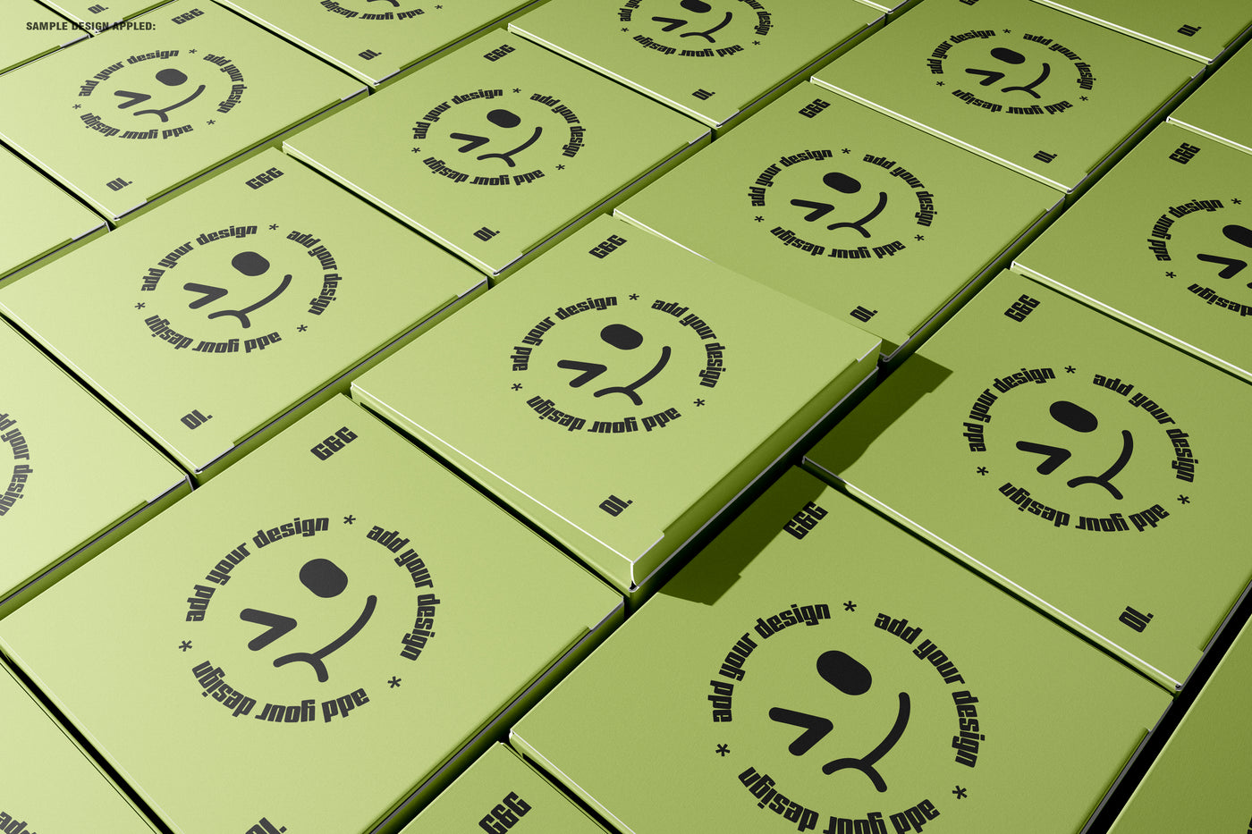 Patterned flat layout of square box mockups with top designs facing upward in a seamless presentation.