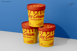Triangular arrangement of three 12oz ice cream cups with dramatic lighting and blue wall backdrop.