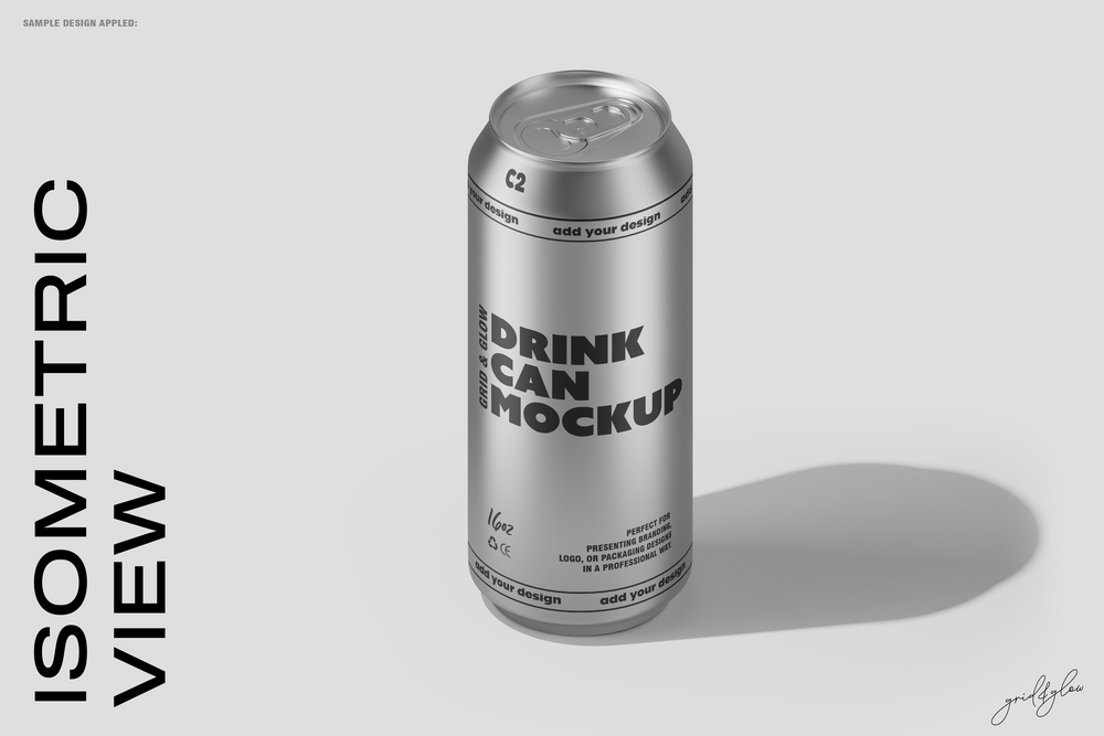 Drink Can Mockup – Isometric Silver 16oz Can on Light Grey Background