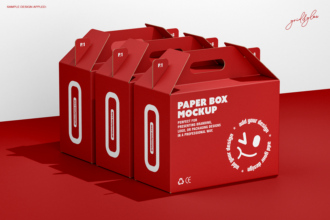 Box with handle mockup showing gable top design with die-cut carry handles on red background three boxes