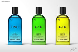 Bottle Mockup – Three Colored Bottles (Blue, Green, Yellow) on Light Background