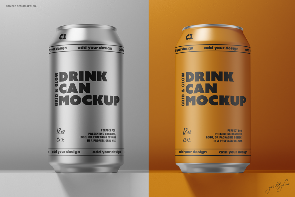 Drink Can Mockup – Side-by-Side Silver and Orange 12oz Cans on Split Background