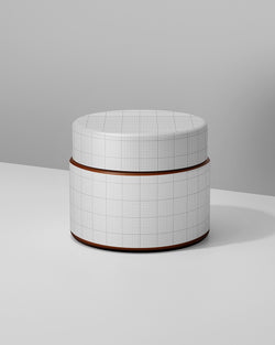 Round ottoman with grid pattern and brown leather band on a gray mockup background