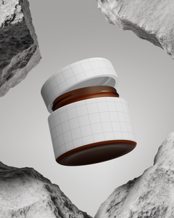 Jar with a lid floating between two rocky cliffs