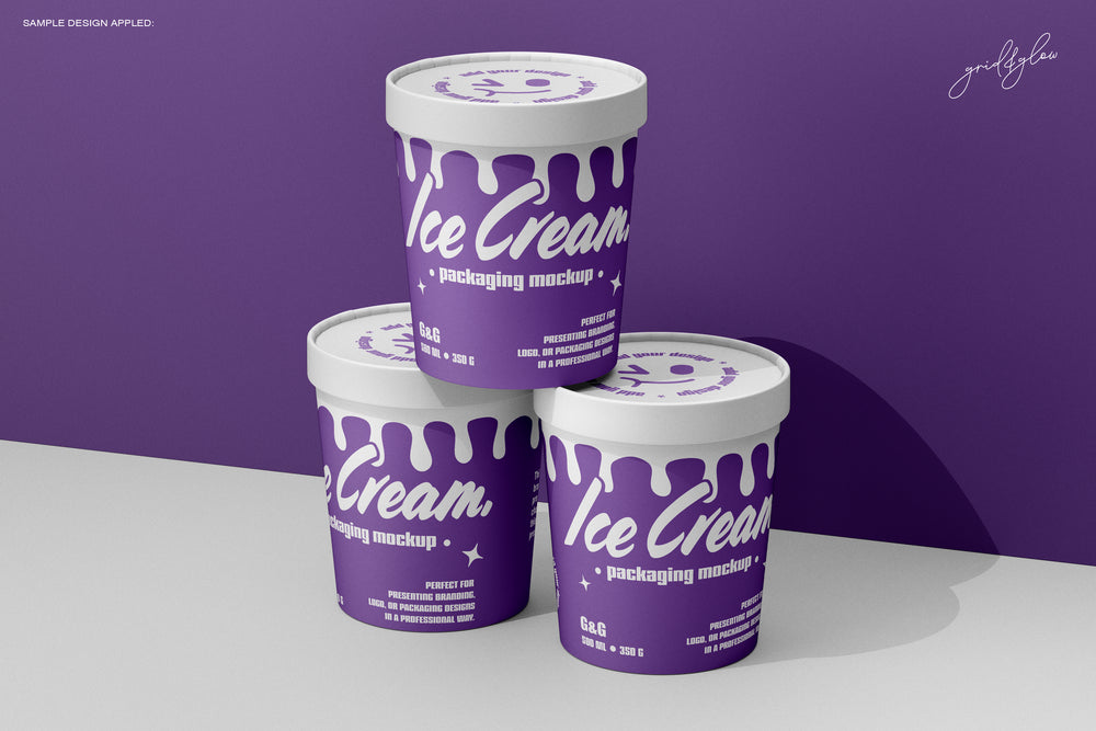 Set of Three Ice Cream Cup Mockups – 350g Containers Stacked on Purple Surface – PSD Templates for Packaging and Logo Presentation