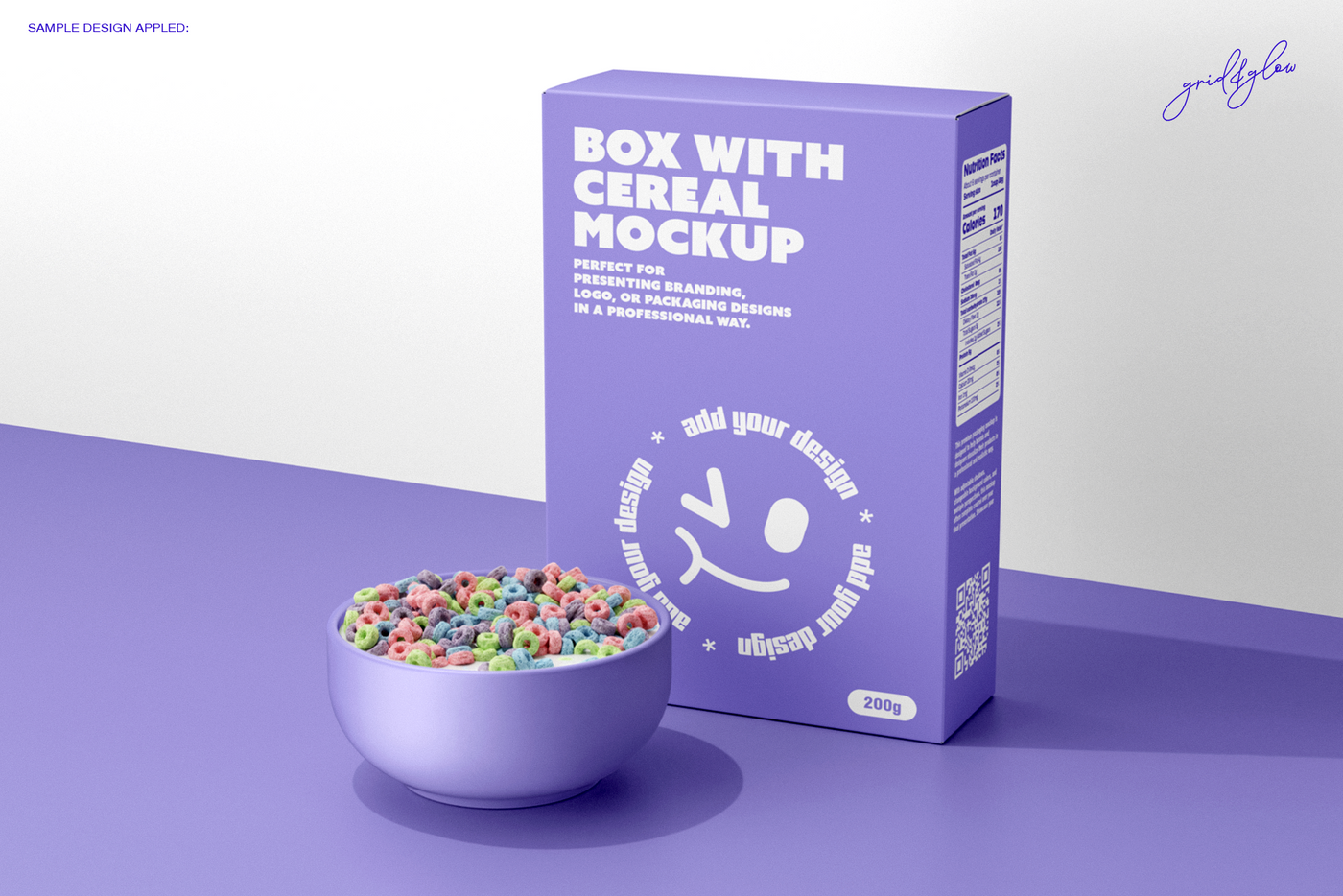 Cereal box mockup in purple with bowl of colorful cereal