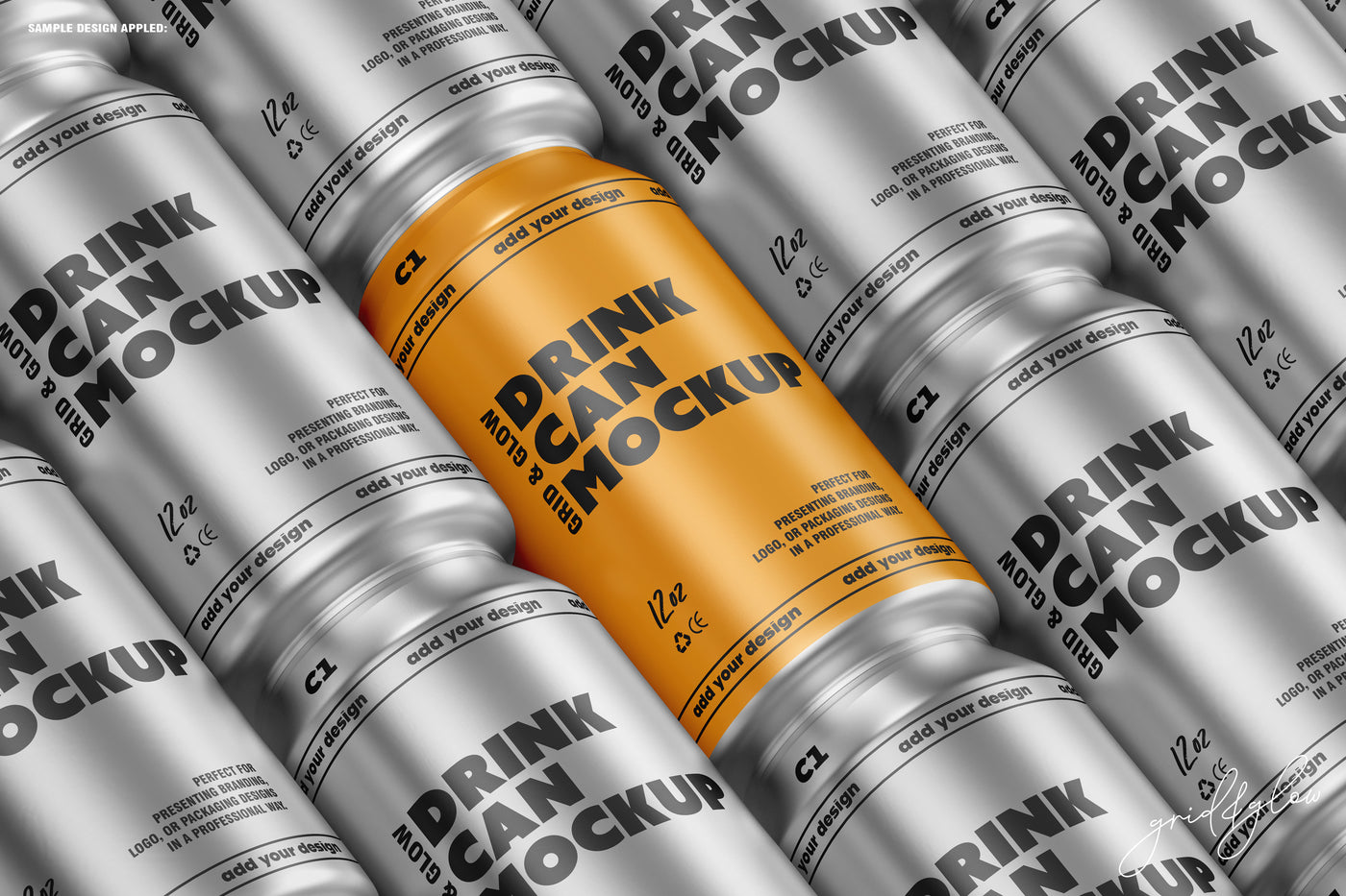 12oz Drink Can Mockup Grid – Repeating Can Scene with Editable Smart Objects for Professional Packaging Design