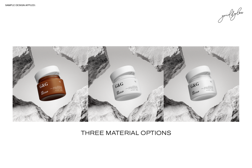Three cosmetic jar mockups showing material options on textured stone background