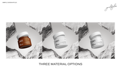 Three cosmetic jar mockups showing material options on textured stone background