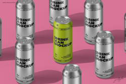 Drink Can Mockup – Top View of Lime Can Among Silver Cans