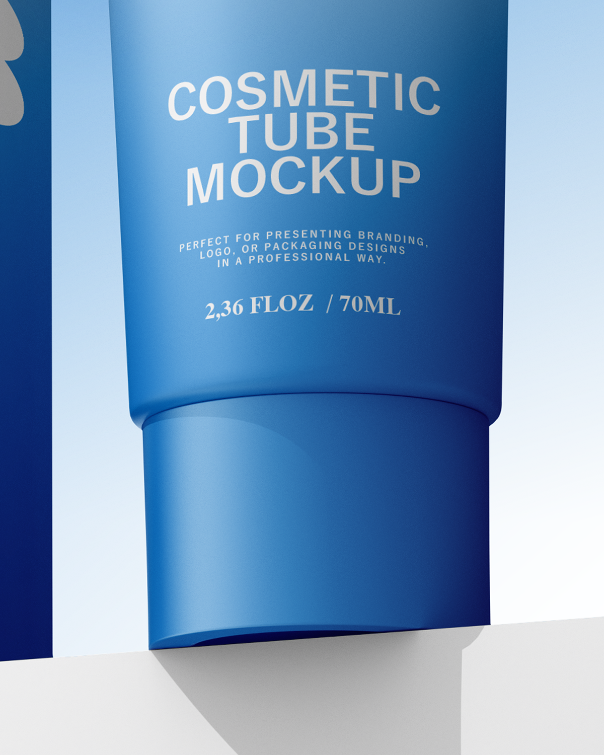 Blue cosmetic tube mockup with text on a light blue background