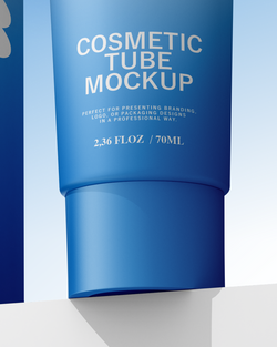 Blue cosmetic tube mockup with text on a light blue background
